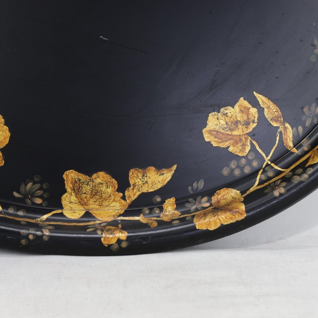 Antique 19th Century Paper Mache Oval Tray - Black Lacquer With Hand Painted Gold Gilt Ivy Design For Sale - Image 10 of 14