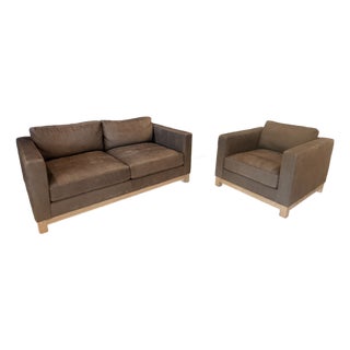 Pottery Barn Jake Seadrift Loveseat and Armchair, Nubuck Leather, Coffee For Sale