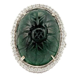 Large Carved Jade 1.60ct Diamond 18K White Gold Large Oval Cocktail Ring For Sale