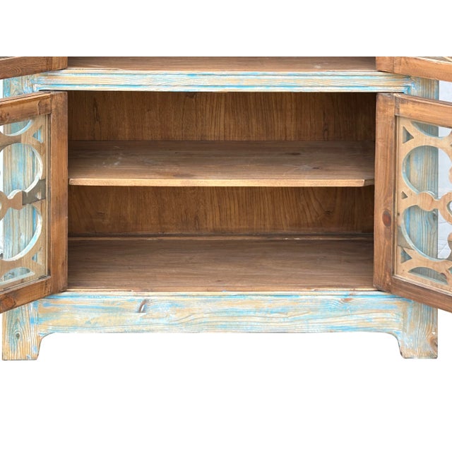 Distressed Shabby Chic Pastel Blue Latticework Glass Door China Bookcase Cabinet For Sale - Image 10 of 10