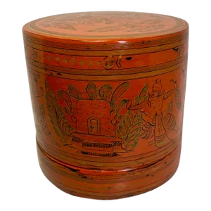 Antique Burmese Red Lacquered Hand-Painted Betel Box "Kun-It" With Two Plates