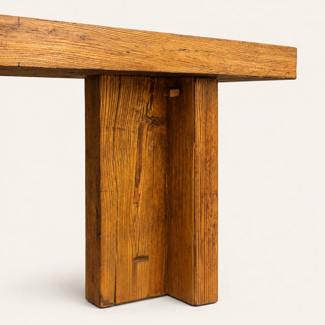 Belgian Style 1970s Reclaimed Wood Console Table With Brass Butterfly Key Inlays For Sale In New York - Image 6 of 8