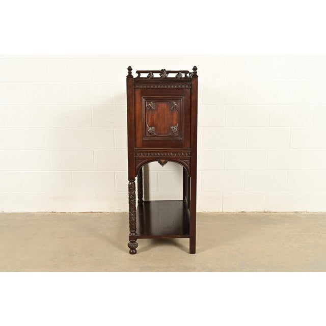 Antique English Victorian or Gothic Revival Carved Walnut Drop Front Secretary Desk | Circa 1880s For Sale - Image 12 of 14