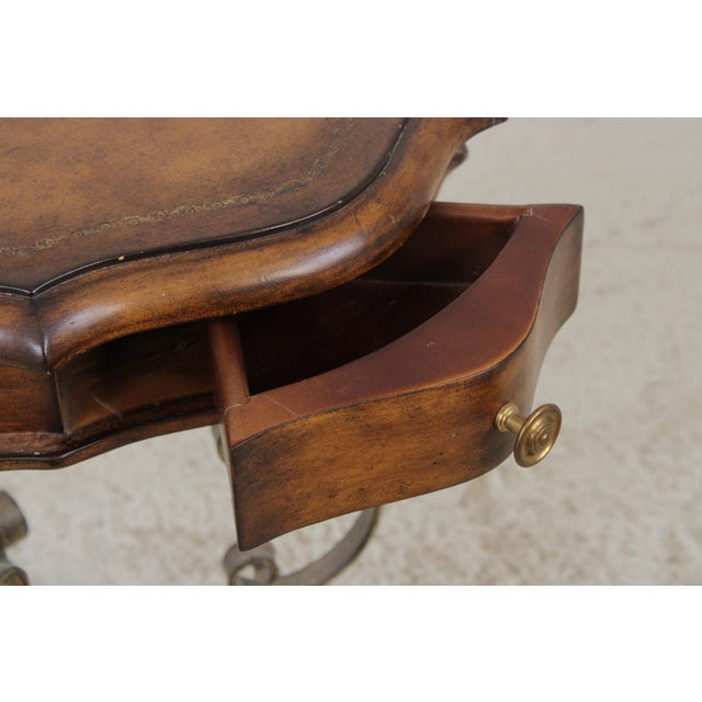 Brown Leather Top Wrought Iron Base Mahogany Side Table For Sale - Image 8 of 14