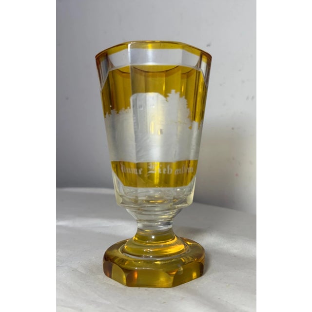 Boho Chic Antique Handmade Engraved German Yellow Cut to Clear Glass Vase Cup Chalice For Sale - Image 3 of 12