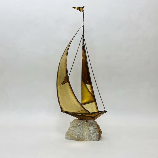 Mid 19th Century Vintage Mid-Century Modern Brass Sailboat Sculpture on Natural Stone Base For Sale - Image 5 of 8
