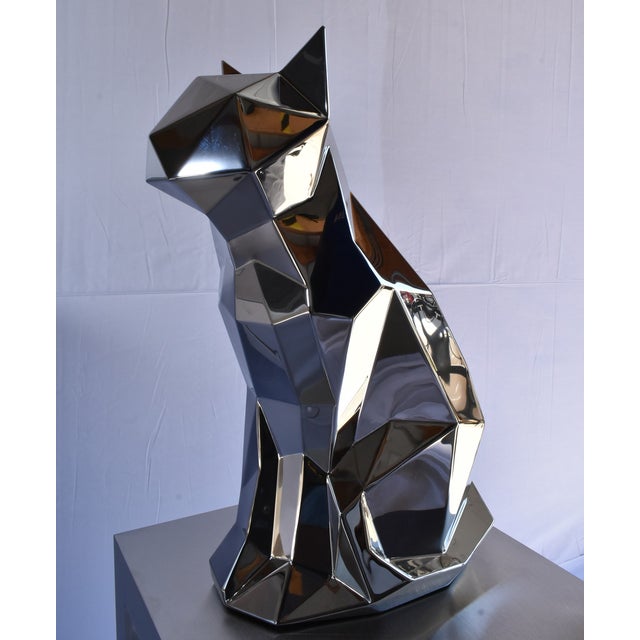 2020s Geometric Cat Sculpture in Polished Stainless Steel, 11"x6.5"x15" For Sale - Image 5 of 5