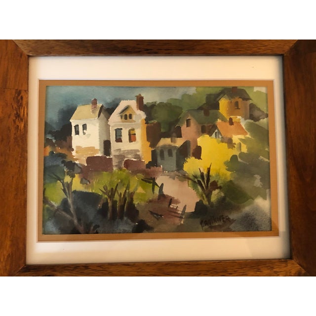 Mid-Century Modern Original 1970s Abstract Village Watercolor by Anne Faulkner, Signed & Framed For Sale - Image 3 of 12