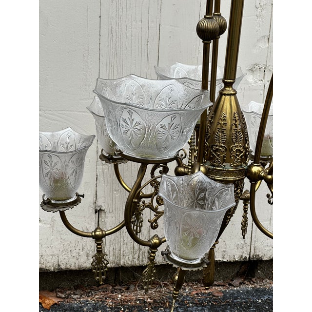 Vintage Nine Light Brass Restored Gas Fixture For Sale - Image 10 of 12