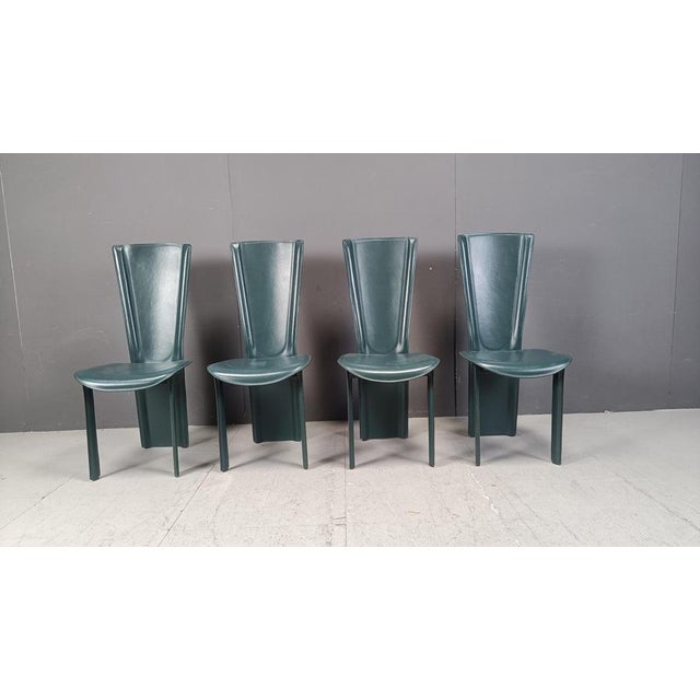 1980s Vintage Green Leather Dining Chairs, 1980s, Set of 4 For Sale - Image 5 of 14