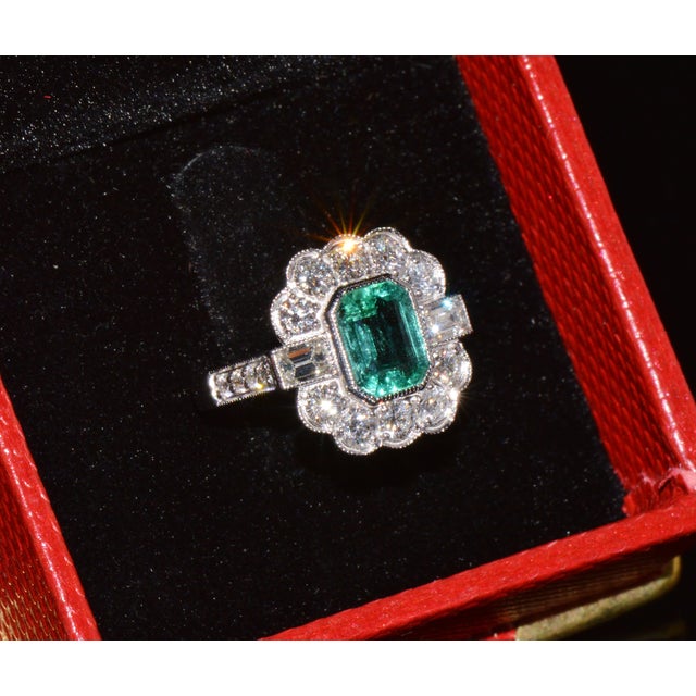 Gia Certified 2.53ct Natural Zambian Emerald & Diamond Halo Milgrain 18k White Gold Ring, Size 5 For Sale - Image 12 of 16