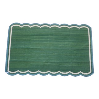 Handmade Cotton Scalloped Rug, Forest Green with Cream and Blue Border - 6'x9' For Sale