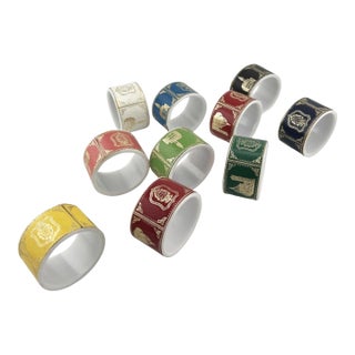Set of 10 Vintage Cigar Band Napkin Rings in Multicolor Embossed Leather For Sale