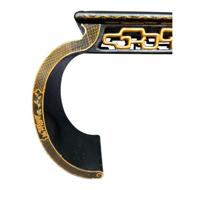 Wood Late 20th Century Black Lacquer Chinoiserie Console Table With Gold Figural Decoration & Scroll Supports For Sale - Image 7 of 18