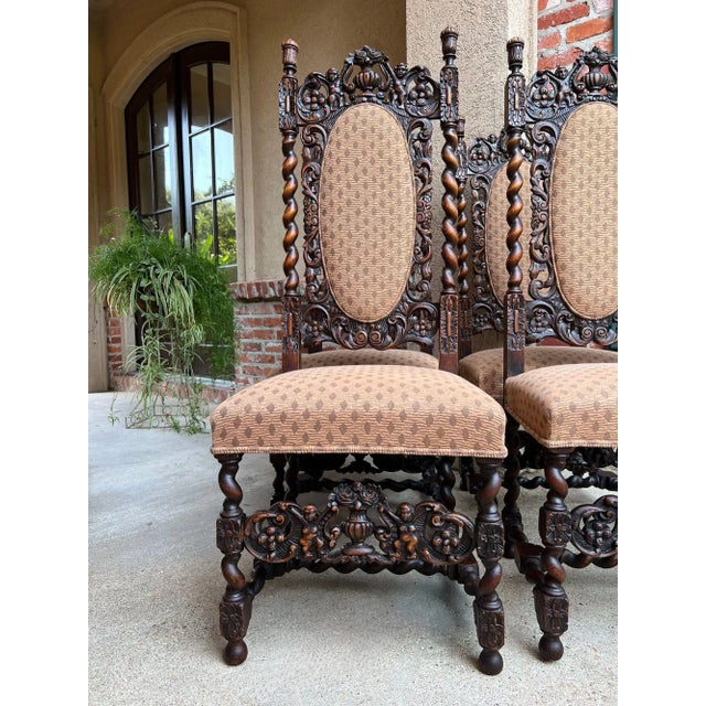 Late 19th Century Set 4 Tall Antique French Dining Chairs Barley Twist Renaissance Carved Oak 1890 For Sale - Image 5 of 18