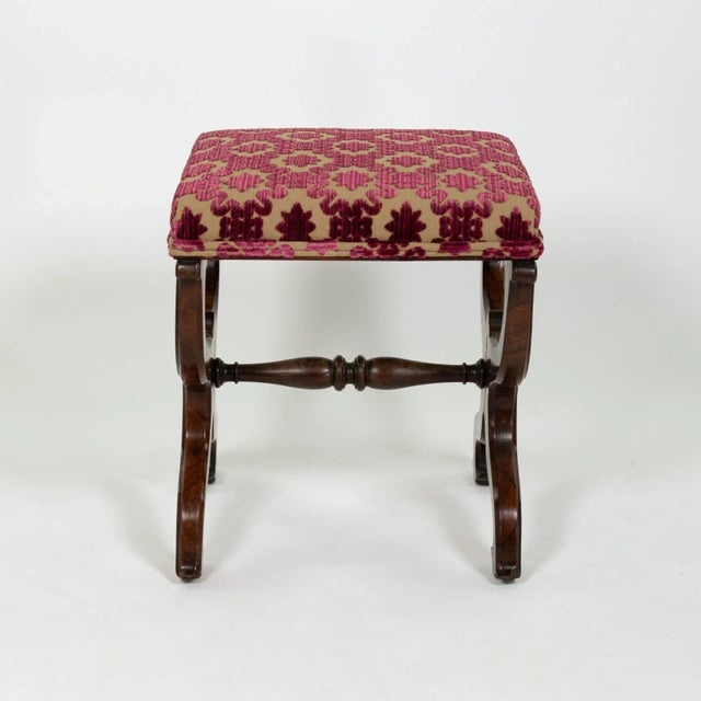 Carved Mahogany Curule Form Upholstered Stool With New Velvet Upholstery English, Circa 1890 For Sale - Image 4 of 8