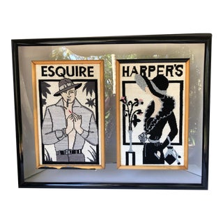 1980s Custom Framed Needlepoint Textile Magazine Art - Harpers Bizzare & Exquire For Sale