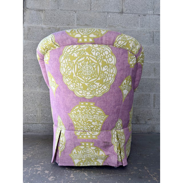 Chinoiserie Chinoiserie / Hollywood Regency Fully Upholstered Lounge Chair by Laura Richard. Circa 1990s For Sale - Image 3 of 15