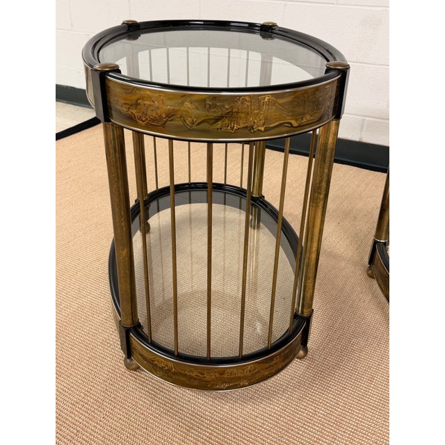 1970's Pair of Acid Etched Brass Side Tables Attributed to Bernhard Rohne for Mastercraft, a Pair For Sale - Image 15 of 16