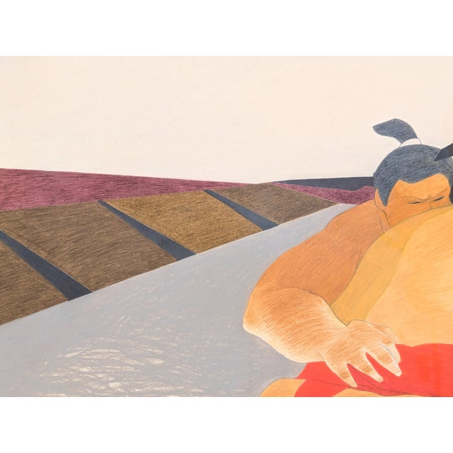 Modern pastel drawing of a pair of sumo wrestlers in the middle of a match wearing red mawashi set against a grey floor....