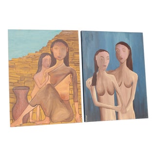1960s Vintage Mid-Century Modern Two Women Oil Paintings - a Pair For Sale