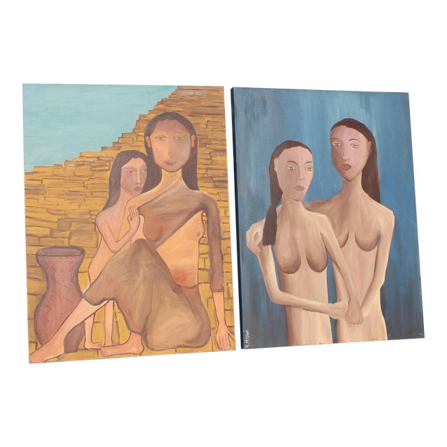 1960s Vintage Mid-Century Modern Two Women Oil Paintings - a Pair For Sale
