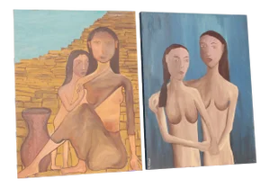 1960s Vintage Mid-Century Modern Two Women Oil Paintings - a Pair