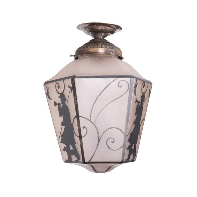 Stunning Hall lamp depicting a Night watch men with Dog . real Art Deco Light Glass Globe Ceiling Pendant, Frosted Glass &...