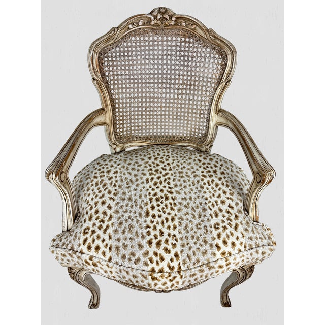 1980s Painted Frame Caned Back French Leopard Arm Chairs- a Pair For Sale - Image 4 of 12