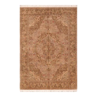 Boho Chic Floral 1990's Pak-Persian Taupe/Green Wool Rug - 6'1'' X 9'0'' For Sale