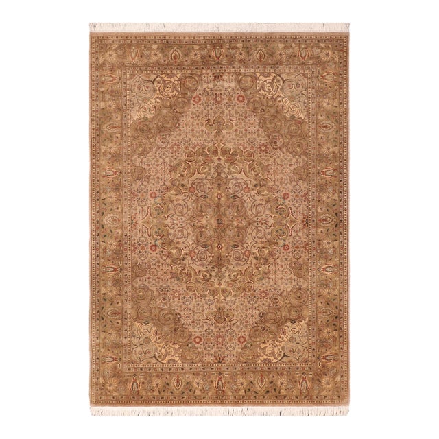Boho Chic Floral 1990's Pak-Persian Taupe/Green Wool Rug - 6'1'' X 9'0'' For Sale