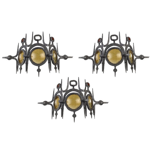 Wrought Iron & Blown Glass Wall Lights, Set of 3 For Sale