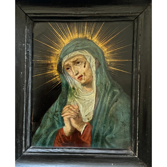 17th-century oil on copper, small devotional painting, French school. This delicate painting depicts the Virgin Mary in a...