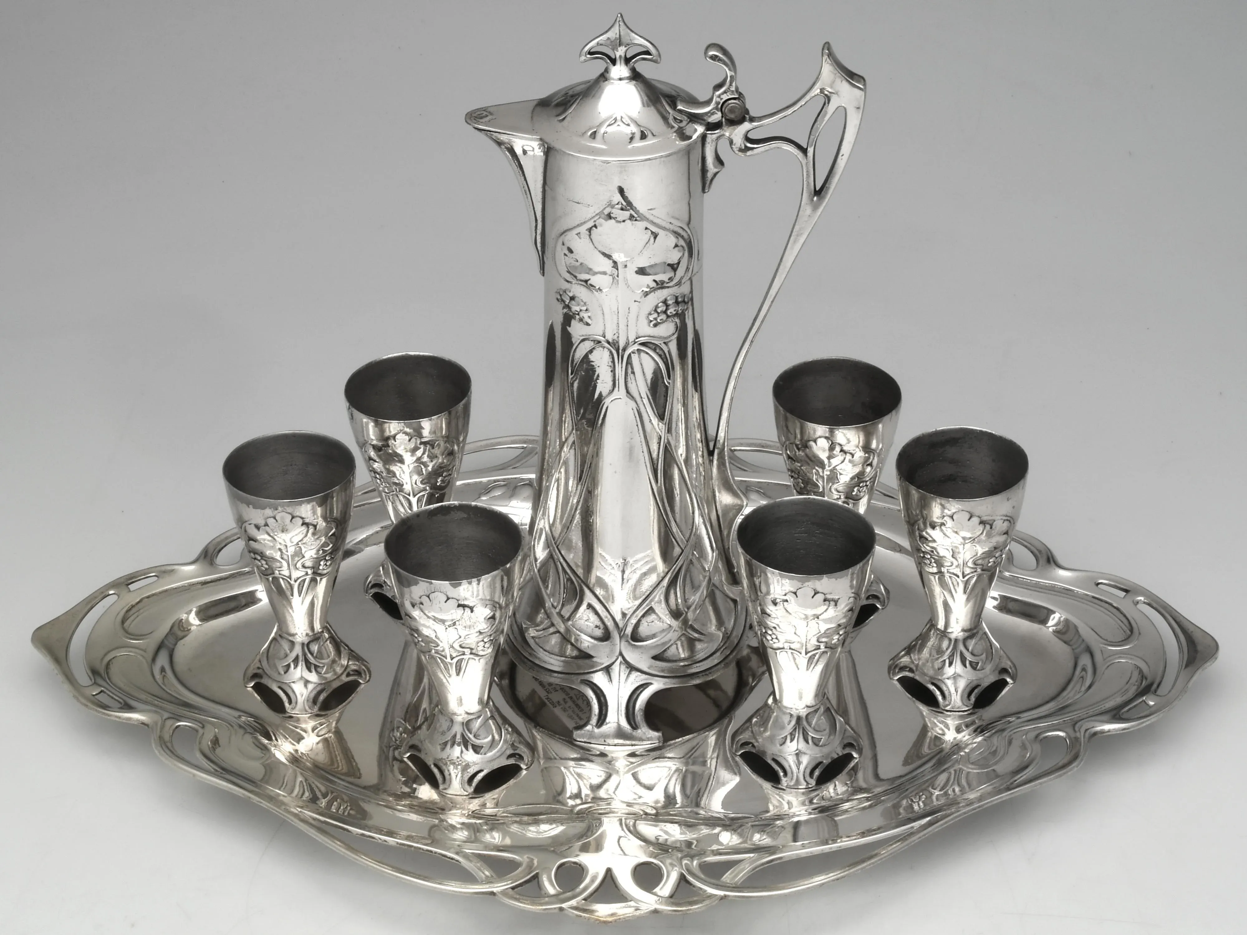 STERLING950 リキュール　銀装飾　セット Circa 1900 WMF Art Nouveau Silverplate Liqueur Service With Tray