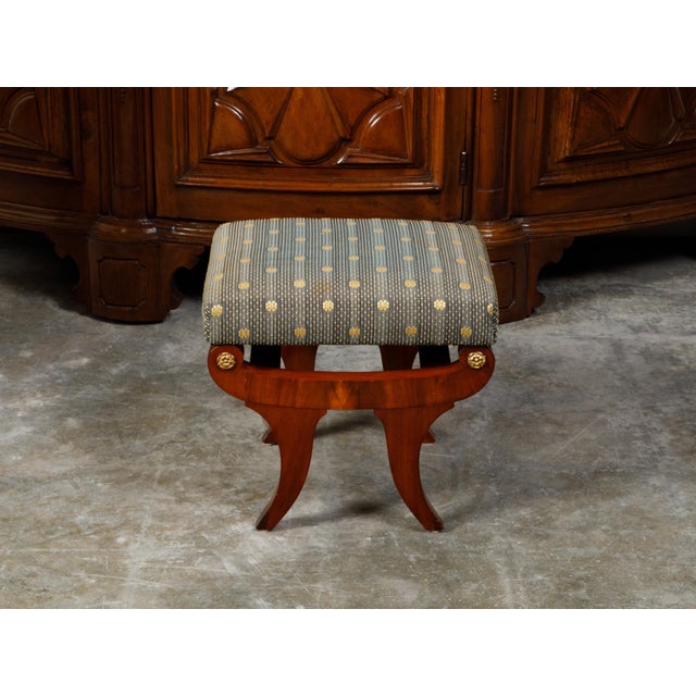 Brown Biedermeier Period 19th Century Walnut Stool with Gilt Rosettes and Upholstery For Sale - Image 8 of 9