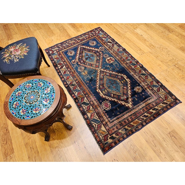 19th Century Caucasian Kazak Area Rug, Hand-Knotted Wool, Blue, Ivory For Sale - Image 10 of 13