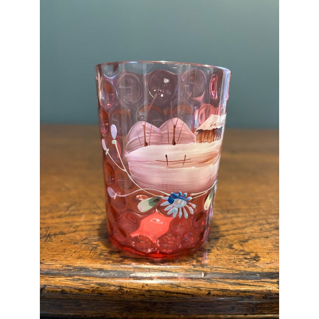 # Antique Victorian Cranberry Inverted Thumbprint Enameled Juice Tumbler **Condition:** Mint / Pristine Antique Condition...