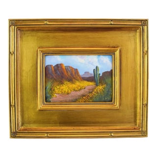 Southwestern Canyon & Saguaro Cactus Native American Landscape Oil Painting Including the Antiqued Gold Wood Frame For Sale