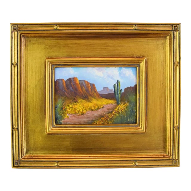 Southwestern Canyon & Saguaro Cactus Native American Landscape Oil Painting Including the Antiqued Gold Wood Frame For Sale