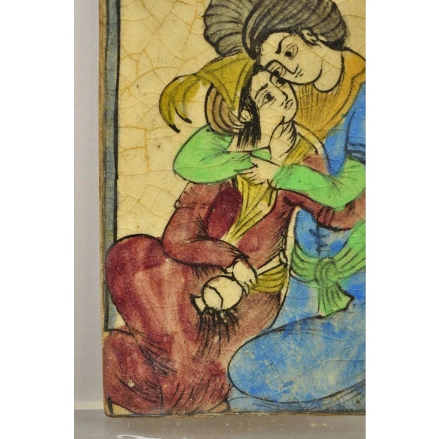 Antique Persian Iznik Qajar Style Blue and Red Ceramic Pottery Tile Couple C5 For Sale - Image 4 of 9