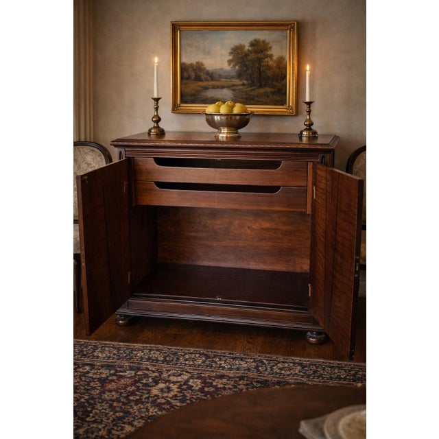 Baker Furniture Company Pair of Vintage Baker Mahogany Cabinets – Neoclassical Sideboard & Entry Console With Carved Urn Motifs For Sale - Image 4 of 12