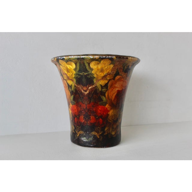 Late 20th Century Pulvermacher Style Art Nouveau Paper Mache Floral Decoupage Cachepot Wastebasket Vintage For Sale - Image 5 of 14