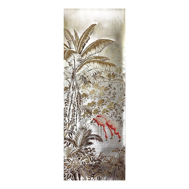 Gold Leaf Hand‑Painted Chinoiserie Wall Panel, Tropical Jungle With Flamingos For Sale