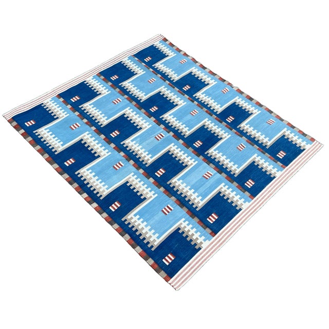 Mid-Century Modern Handwoven Cotton Area Rug, Natural Vegetable Dyed, Blue, Beige, Cream & Red Geometric Dhurrie - 12'x15' For Sale - Image 3 of 10