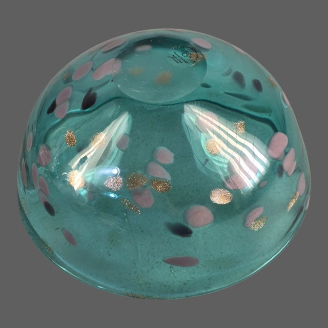 Lenox Vintage Lenox Hand Blown Art Glass Teal Retro Fleck Splatter Bowl For Sale - Image 4 of 7