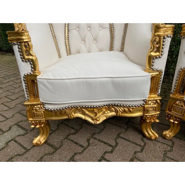 1950s Artisan Louis XVI Gold Wood Leather Bergères-Pair For Sale - Image 4 of 9