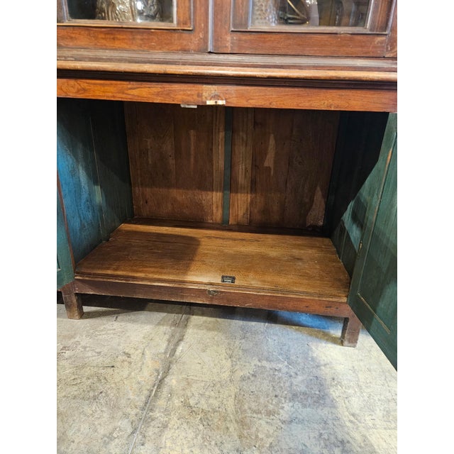 Vintage Large Two-Part Wooden Glass-Front Cabinet With Paneled Base and Carved Detail For Sale - Image 11 of 12