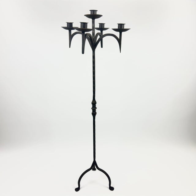 Black Hand Forged Iron Floor Candelabra 48.5″ (123cm) Antique Gold Patina 5-Arm Grand Candelabra Wedding & Home Decor For Sale - Image 8 of 8