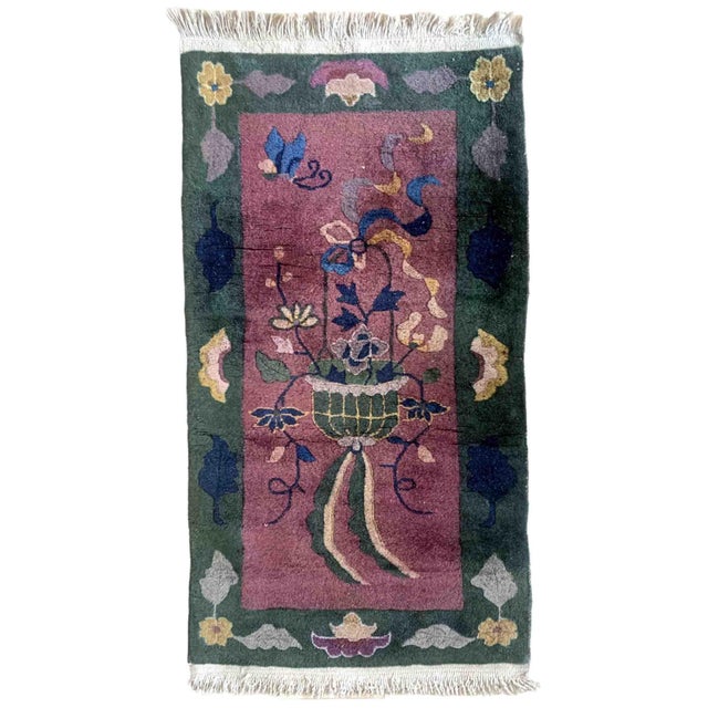 Textile 1920s Handmade Antique Art Deco Chinese Rug 2.1' X 4.2' For Sale - Image 7 of 7