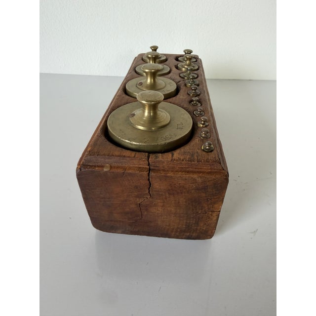 19th Century Antique French Brass Scale Weight Set With Original Wood Box For Sale - Image 10 of 12